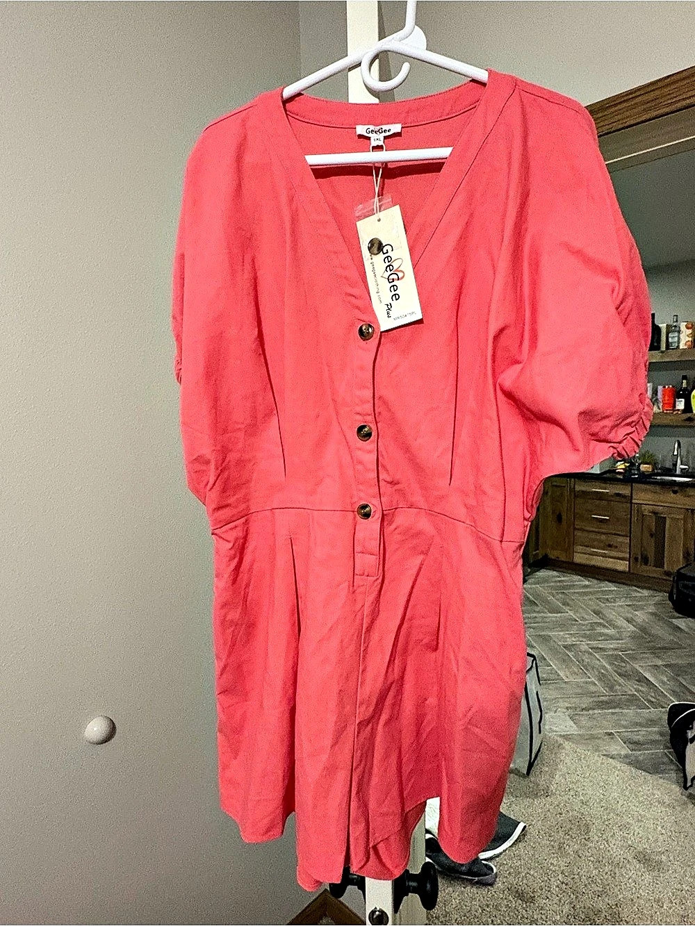 GeeGee Half Button V-Neck Linen Romper Pink 1XL NWT